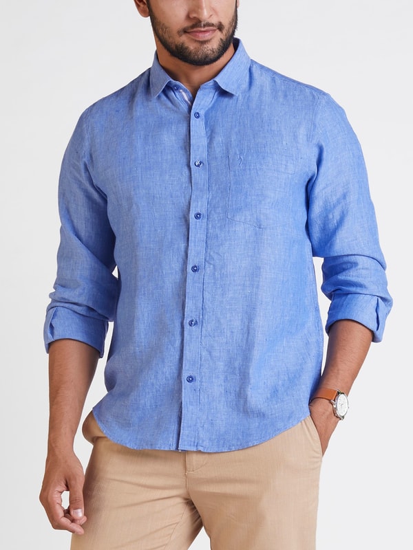 Mens Blue Solids Slim Fit Linen Shirt