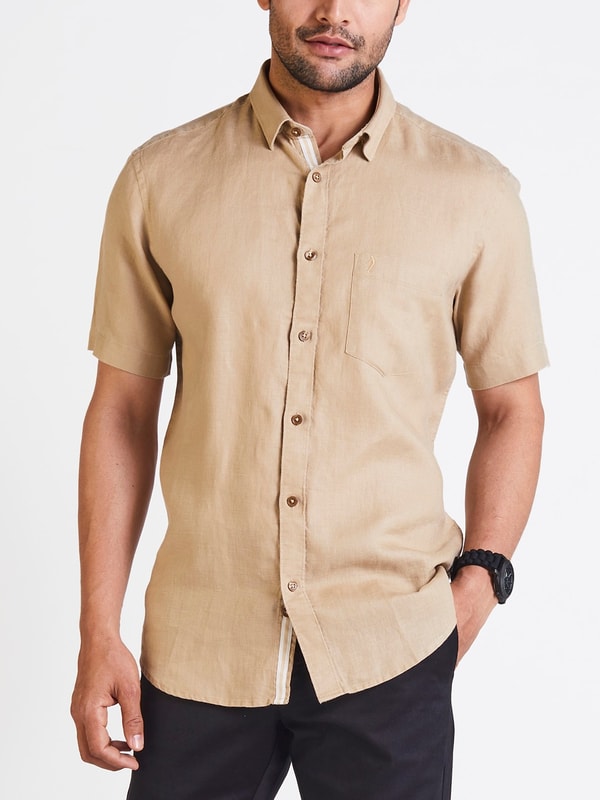 Mens Khaki Solids Slim Fit Linen Shirt