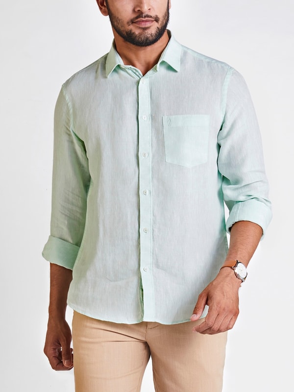 Mens Green Solid Slim Fit Linen Shirt