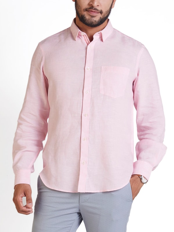 Mens Pink Solid Slim Fit Linen Shirt