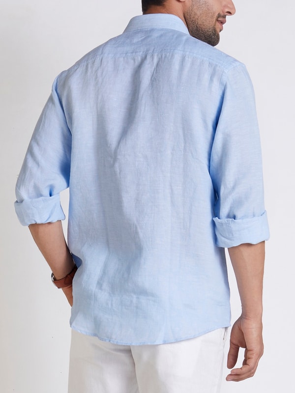 Mens Blue Solid Slim Fit Linen Shirt