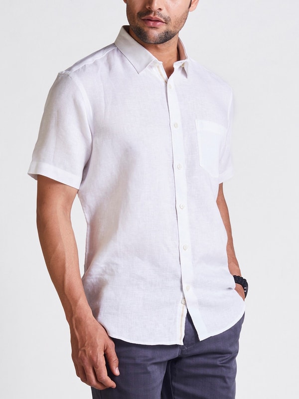 Mens White Solid Slim Fit Linen Shirt