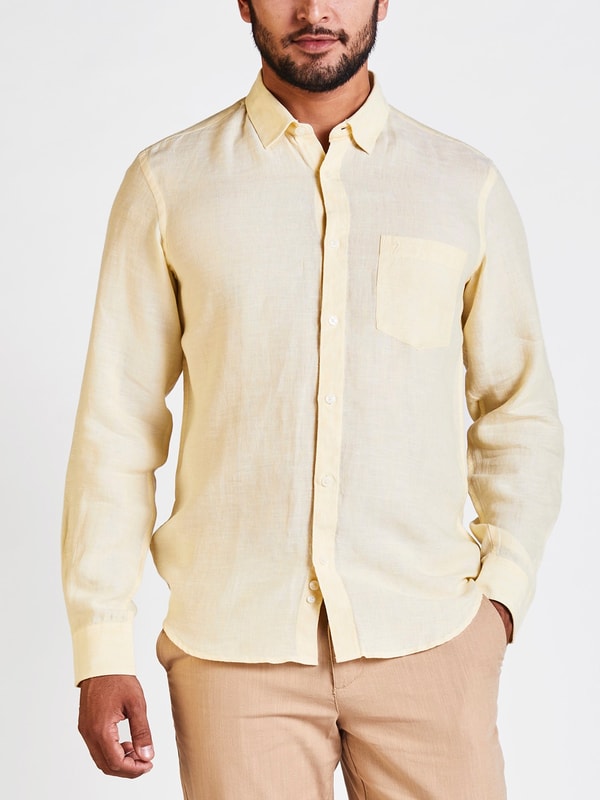 Mens Yellow Solid Slim Fit Linen Shirt