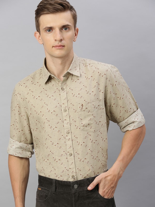 Mens Khaki Regular Collar Prints Shirt
