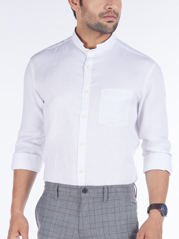 White Full Sleeves Solid Linen Shirt