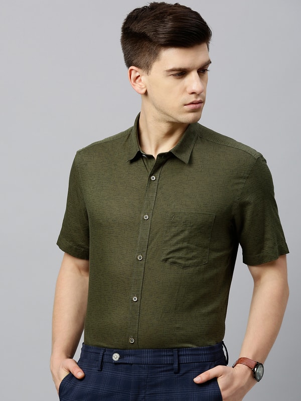 Mens Olive Regular Collar Prints Shirt