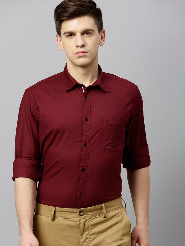 Mens Wine Button Down Collar Solids Shirt