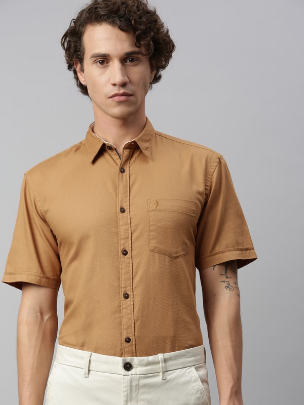 Mens Khaki Regular Collar Solids Shirt