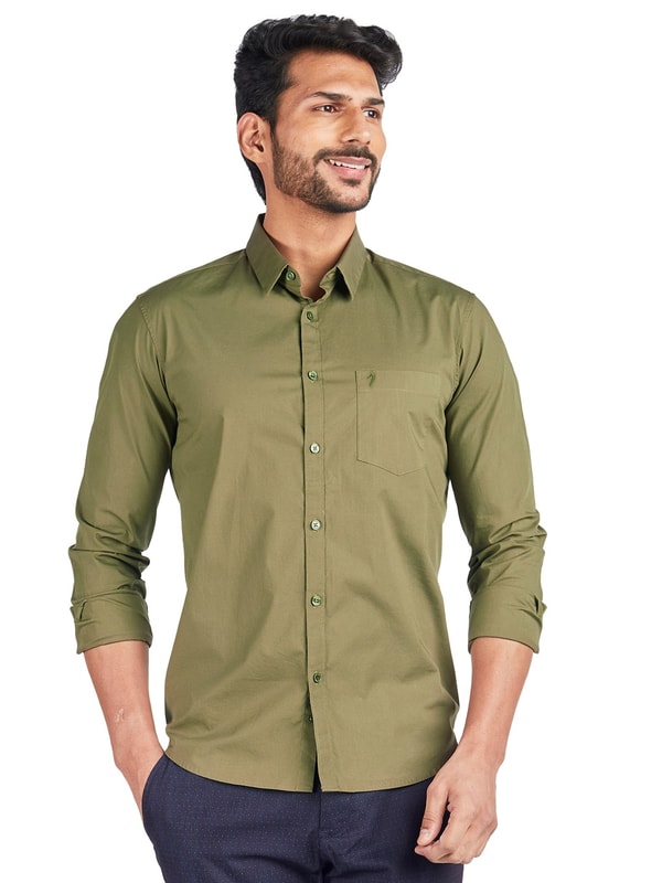 Olive Solid Long Sleeves Cotton stretch Shirt