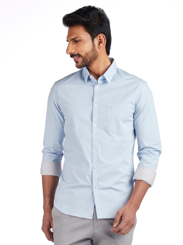 Sky Solid Long Sleeves Cotton stretch Shirt