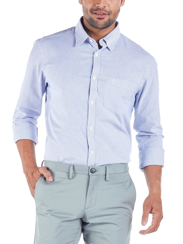 Blue Full Sleeves Striped Cotton Stretch Shirt