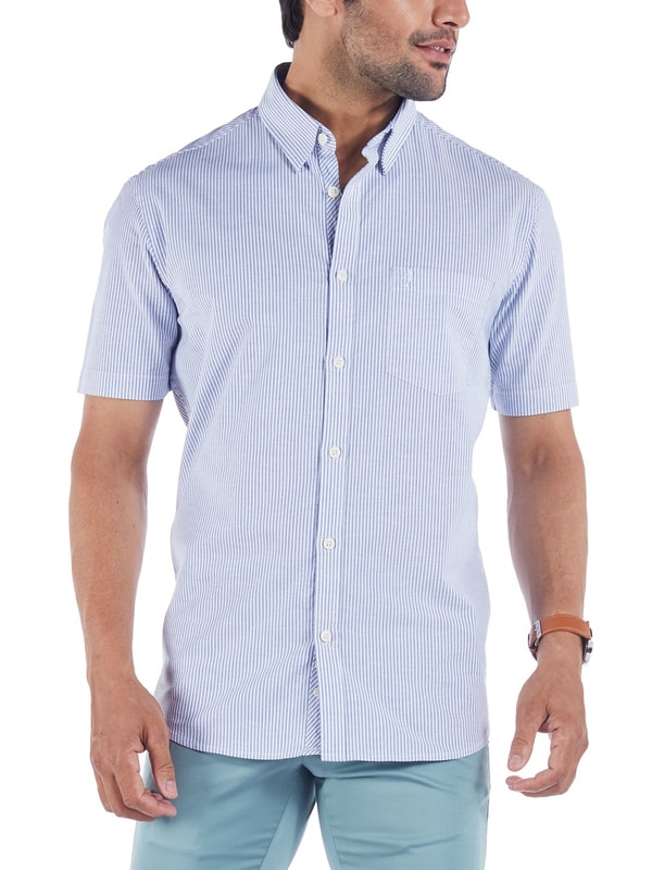 Blue Short Sleeves Striped Cotton Stretch Shirt