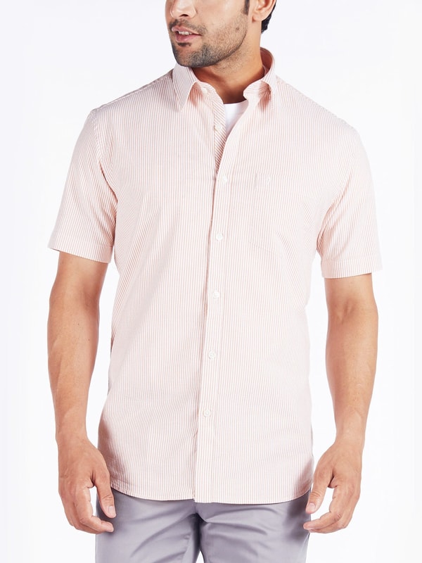 Peach Short Sleeves Striped Cotton Stretch Shirt