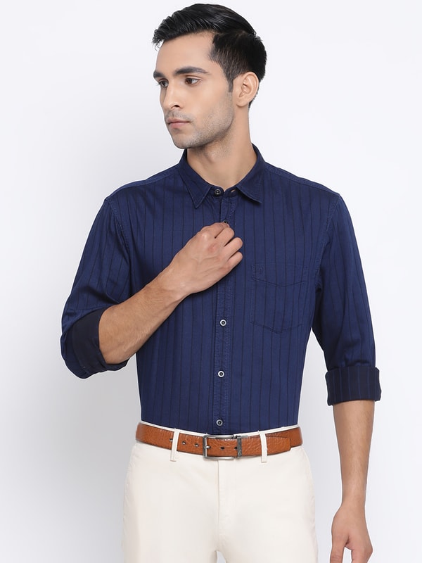 Mens Indigo Regular Collar Stripes Shirt