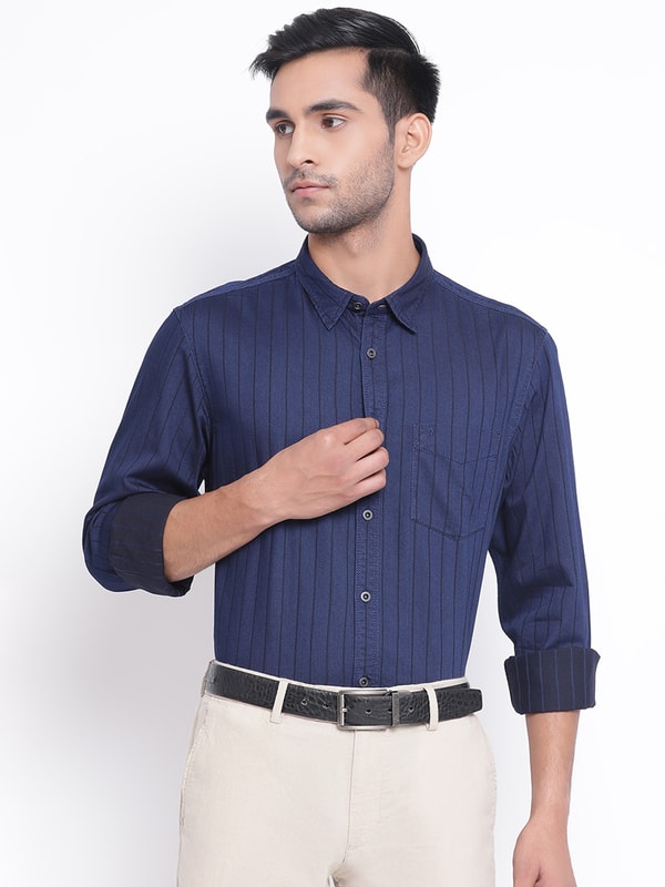 Mens Indigo Regular Collar Stripes Shirt