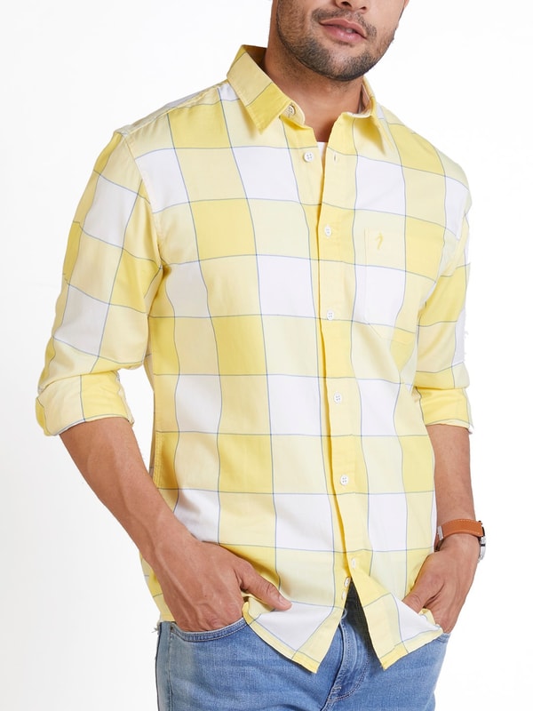 Mens Yellow Checks Slim Fit Casual Shirt
