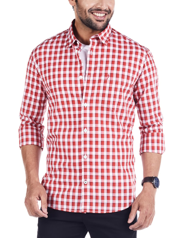 Red Full Sleeves Check Cotton Shirt
