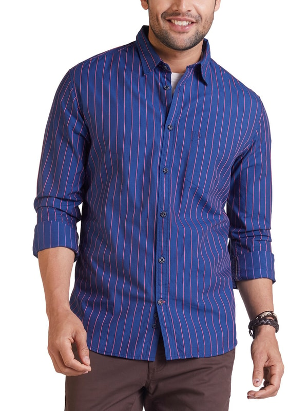 Mens Dark Blue Stripe Chiseled Fit Casual Shirt