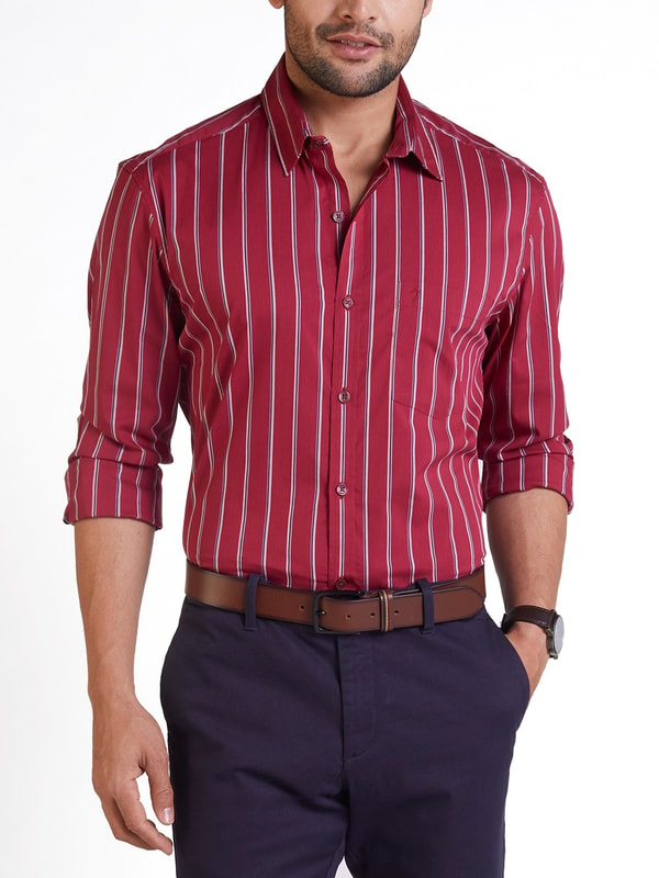 Mens Red Stripe Contoured Fit Casual Shirt