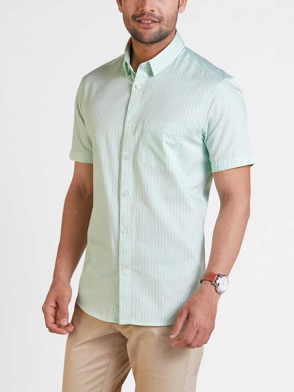 Mens Green Stripe Chiseled Fit Casual Shirt