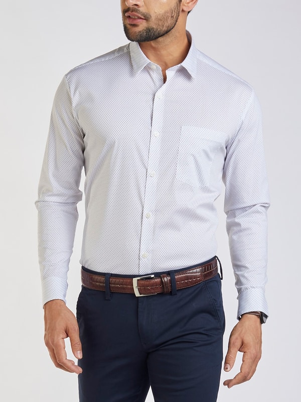 Mens White Printed Contoured Fit Casual Shirt