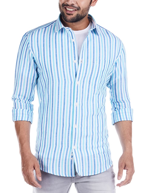 Aqua Full Sleeves Striped Linen Blend Shirt