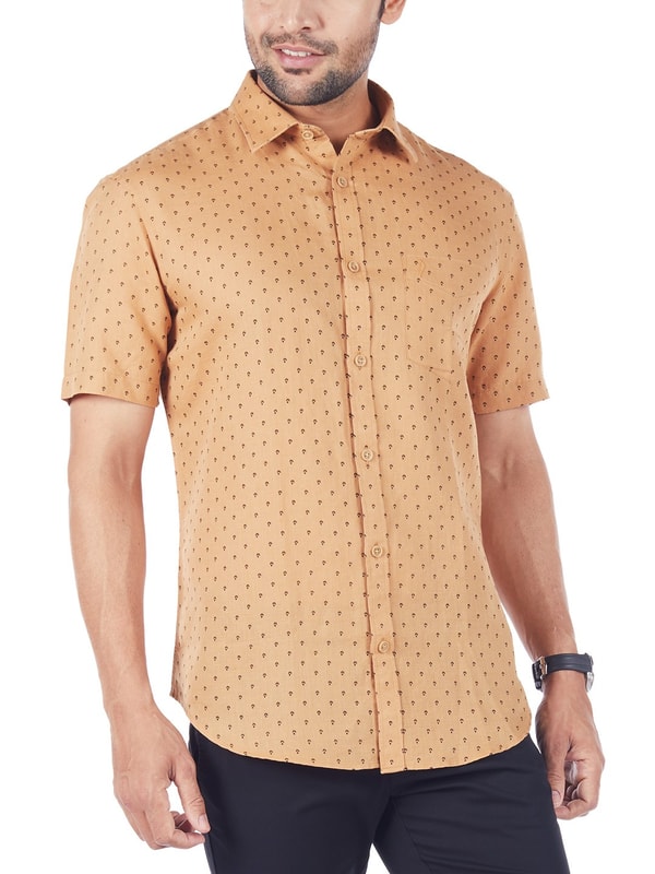 Khaki Short Sleeves Printed Linen Blend Shirt