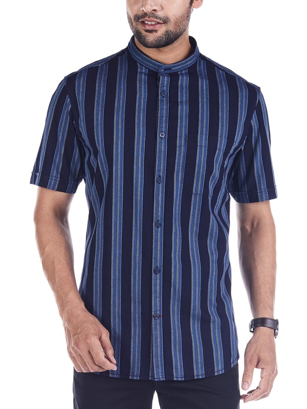 Indigo Short Sleeves Striped Cotton Shirt