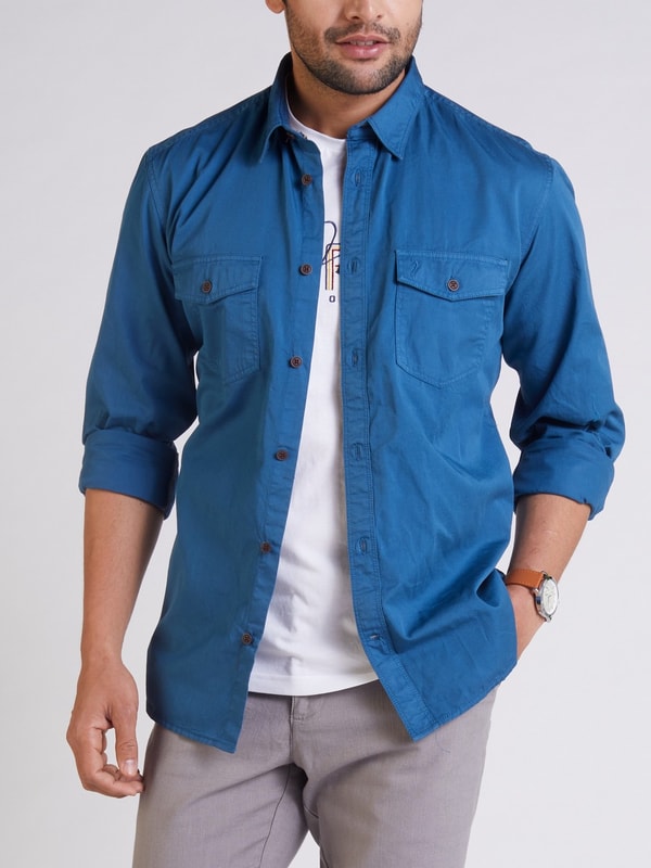 Mens Blue Solid Slim Fit Casual Shirt