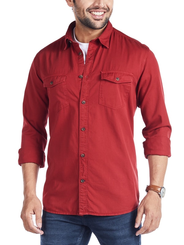 Red Full Sleeves Solid Cotton Shirt
