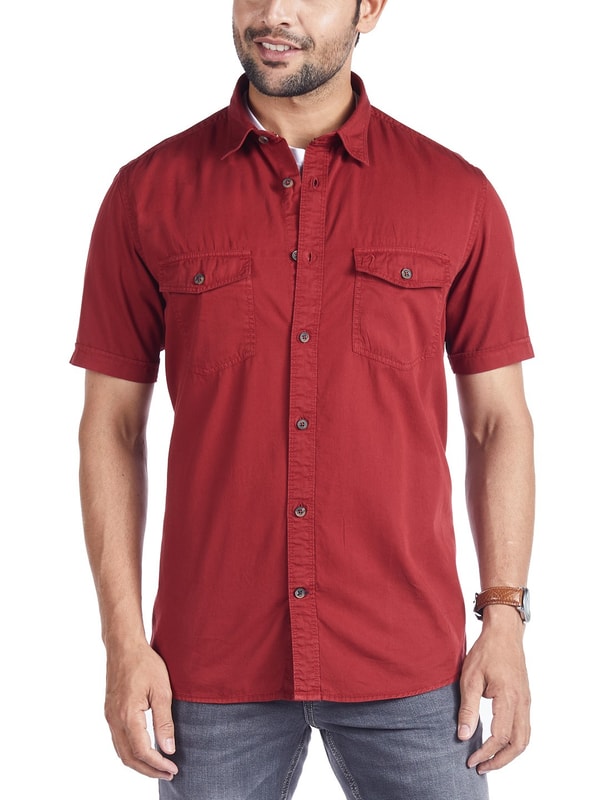 Red Short Sleeves Solid Cotton Shirt