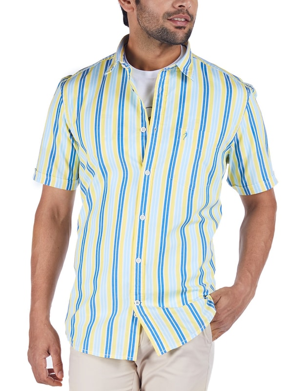Yellow Short Sleeves Striped Cotton Shirt
