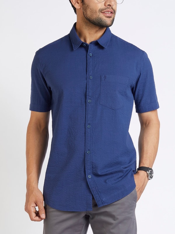 Mens Blue Solid Slim Fit Organic Cotton Shirt