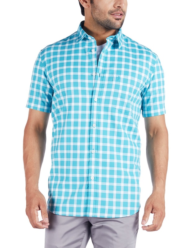 Aqua Short Sleeves Check Cotton Shirt