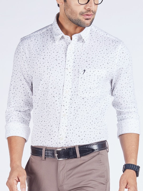 White Full Sleeves Printed Cotton Stretch Shirt