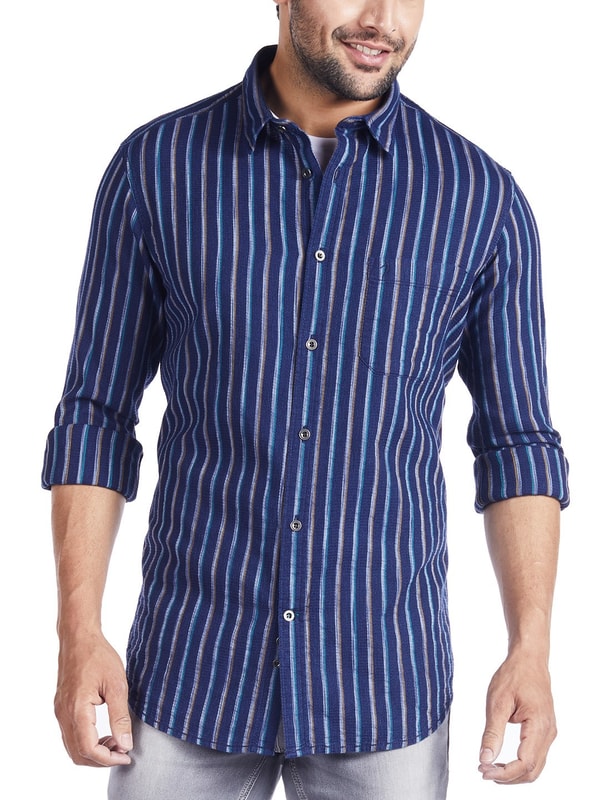 Indigo Full Sleeves Striped Cotton Shirt
