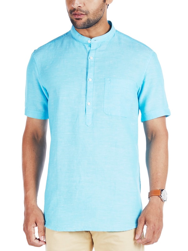 Aqua Short Sleeves Solid Linen Blend Shirt