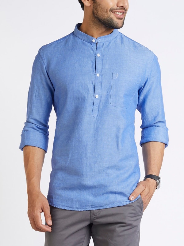 Mens Blue Solid Slim Fit Mandarin Collar Shirt