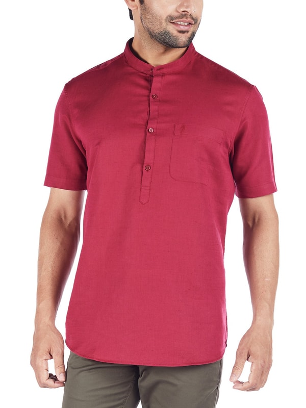 Maroon Short Sleeves Solid Linen Blend Shirt