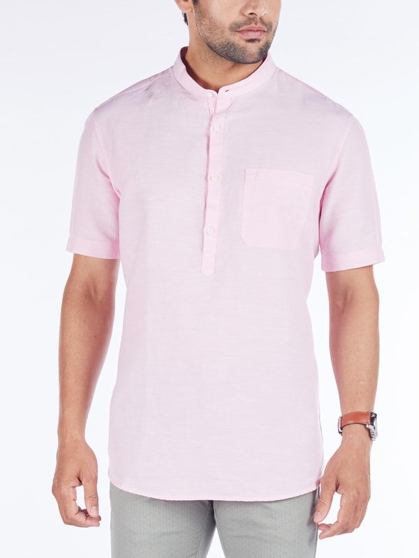 Pink Short Sleeves Solid Linen Blend Shirt