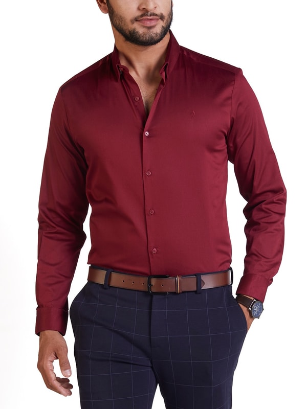 Mens Maroon Solid Contoured Fit Satin Shirt