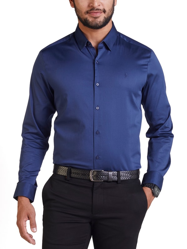 Mens Dark Blue Solid Contoured Fit Satin Shirt