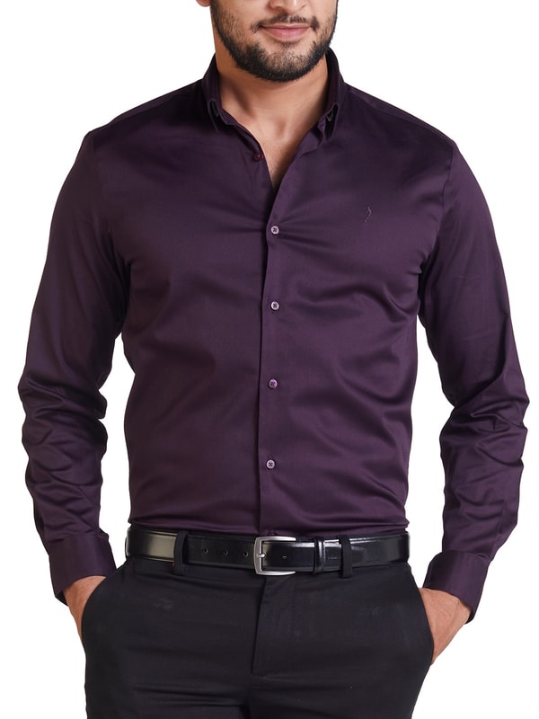 Mens Maroon Solid Contoured Fit Satin Shirt