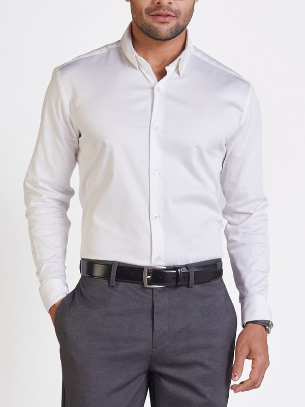 Mens White Solid Contoured Fit Satin Shirt