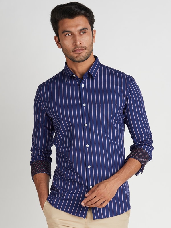 Navy Striped Full Sleeve Cotton Shirt with Contras