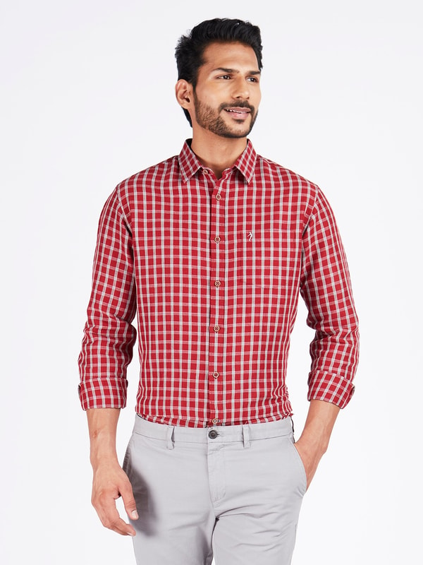 Maroon Checks Long Sleeves Linen cotton Shirt