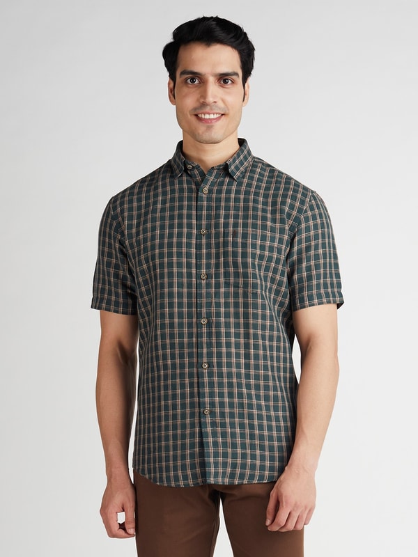 Pine Checked Short Sleeve Linen Blend Shirt