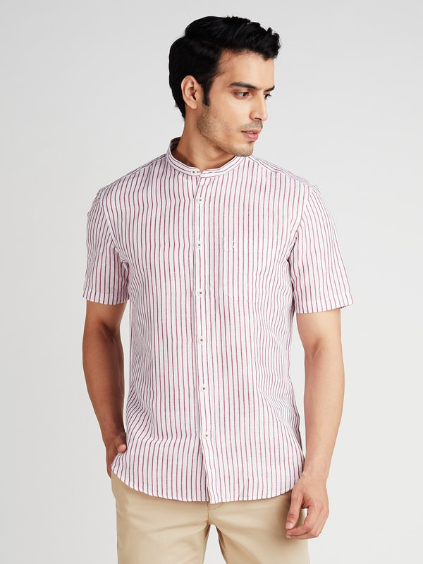 Maroon Striped Short Sleeve Linen Blend Shirt