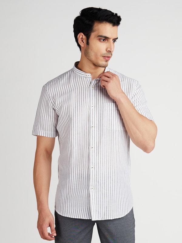Pine Striped Short Sleeve Linen Blend Shirt