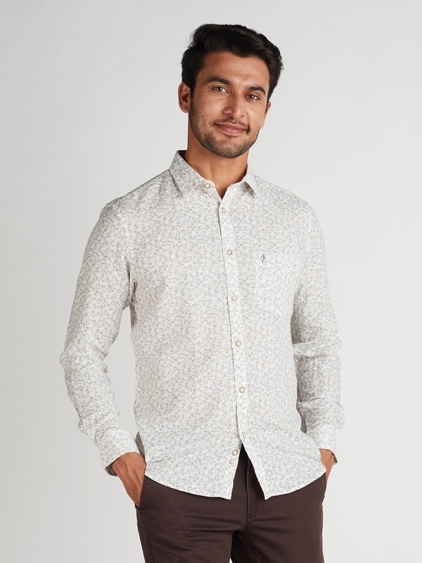 White Printed Linen Rich Shirt
